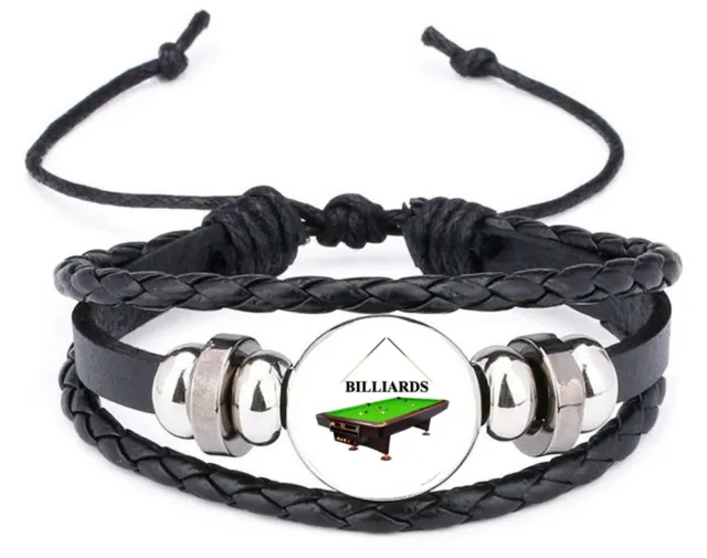Billiards Cue Pool Sport Black Leather Bracelet And Velvet Gift Bag