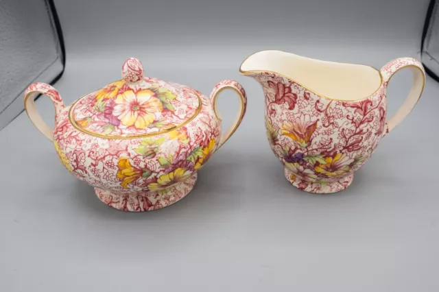 Royal Winton Dorset Sugar Bowl with Lid & Creamer Vintage Chintz FREE USA SHIP