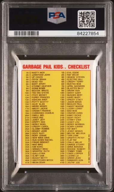 1986 Topps Garbage Pail Kids Series 1 UK Minis ADAM BOMB 8a Checklist Card PSA 7 2