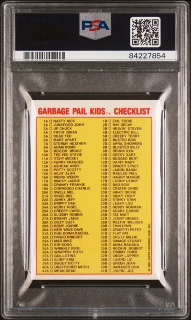 Topps Garbage Pail Kids Serie 1 1986 Reino Unido Minis Adam Bomb 8a Lista de verificación Tarjeta PSA 7 2