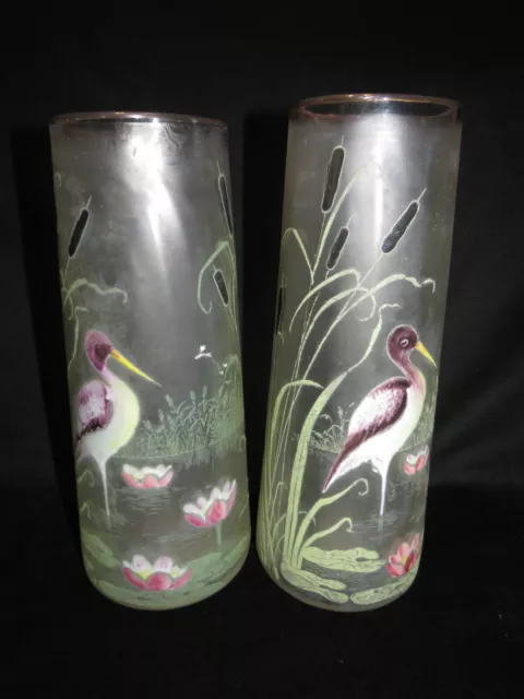 Paire De Vases Emailles A Decor D'oiseaux Emailles Echassiers Legras Ou Autre.