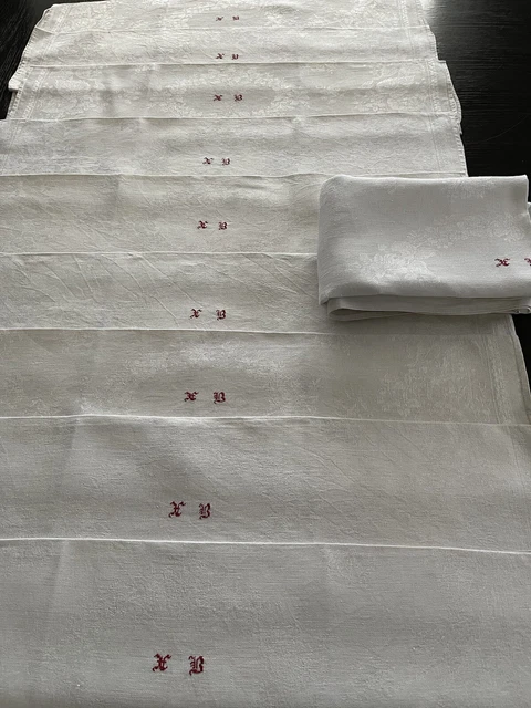 Service Table Ancien, Nappe  Et 9 Serviettes Lin soie Napoleon III Mono XB NSL15 3