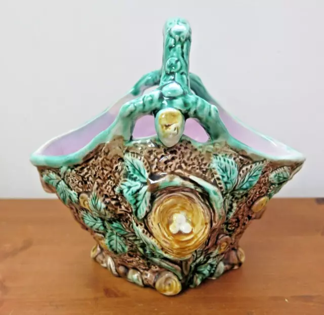 Antique Victorian 1880s Majolica Ceramic Nest Egg Basket Vase Hand Painted