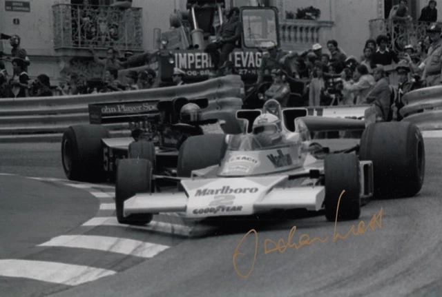 James Hunt in a McLaren M23 at the Monaco GP in Monte Carlo 1975 Stock