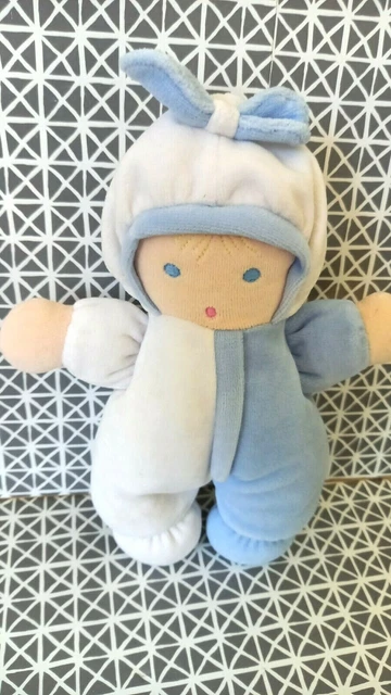 Doudou peluche poupée bleu blanc grelot capuche nœud 25 cm Nounours