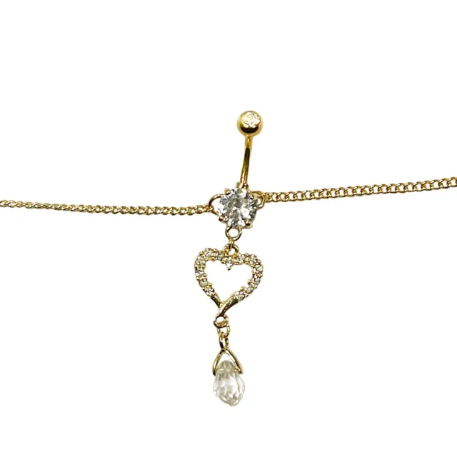 Belly Chain Navel Ring Gold Plated Waist with Heart CZ Jewels Dangle Charm 14G