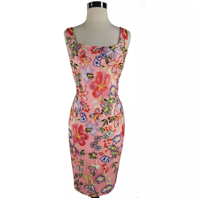 Nicole Miller pink Floral fitted exposed zipper Embroidered Sheath Dress, 8