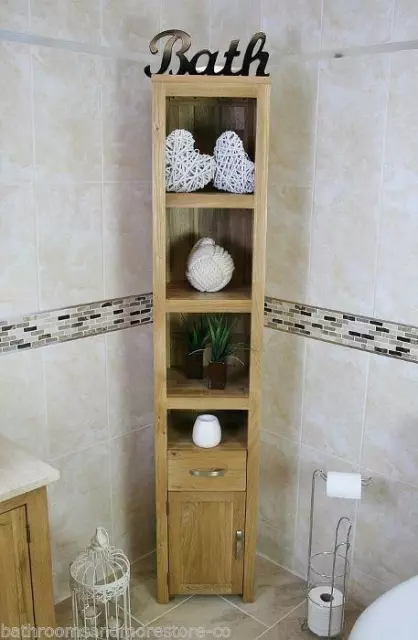 Oak Bathroom Storage Unit | Tall Cabinet Cupboard with Shelving No Veneers 180cm 2