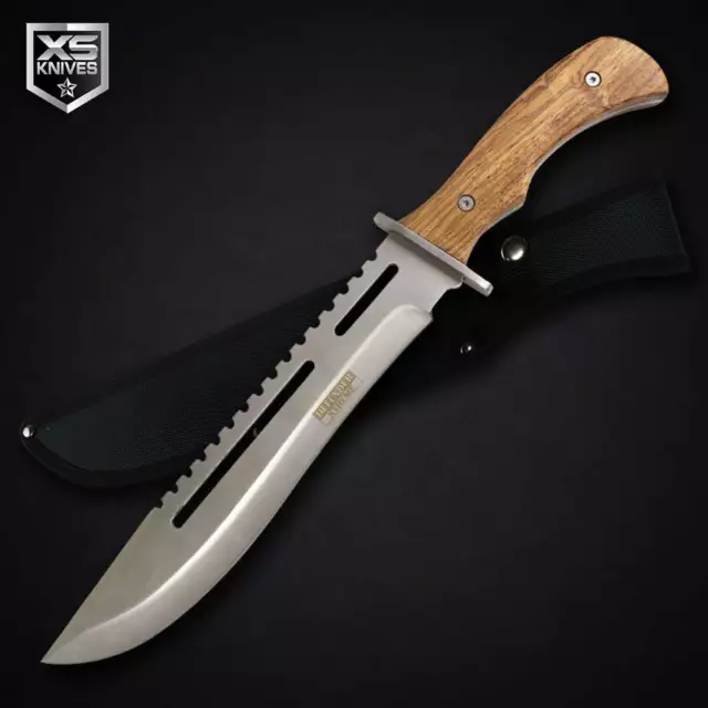 Tactical Survival Machete Fixed Blade Hunting Knife Wood Handle Bowie w/ Sheath