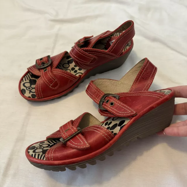 FLY LONDON Women’s 39 Red Leather Wedge Sandals Open Toe Buckle US 8-8.5