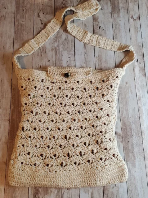 Macrame Handmade Crochet Boho Retro Purse Tote Bag Ivory Cream Plaid Interior