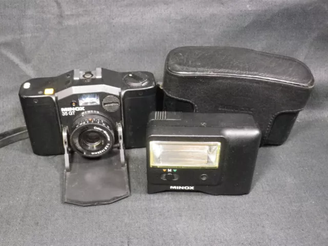 MINOX 35 GT 35mm VIEWFINDER FILM CAMERA + FC35 FLASH_ LEATHER CASE TESTED