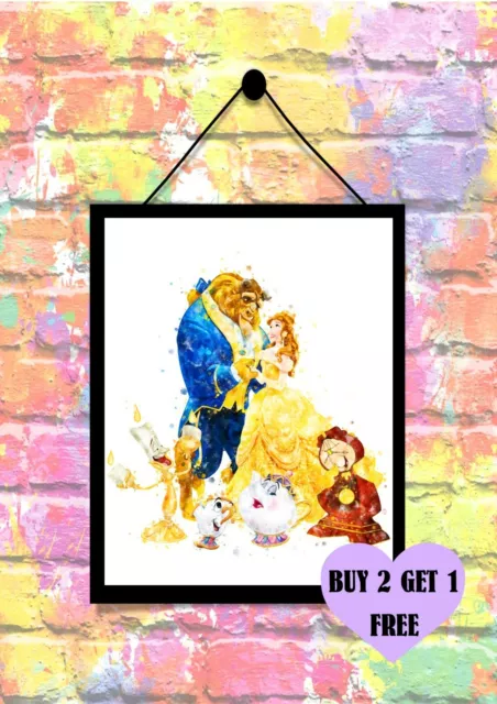 BUY 2 GET 1 FREE DISNEY BEAUTY BEAST FRIENDS Watercolour Print Poster  A4