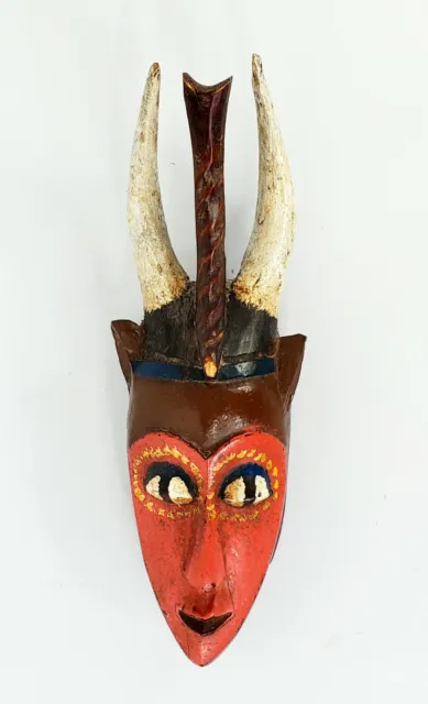 VTG Baule Tribe African Mask Horns Handcarved Handpainted African Tribal Art 12"