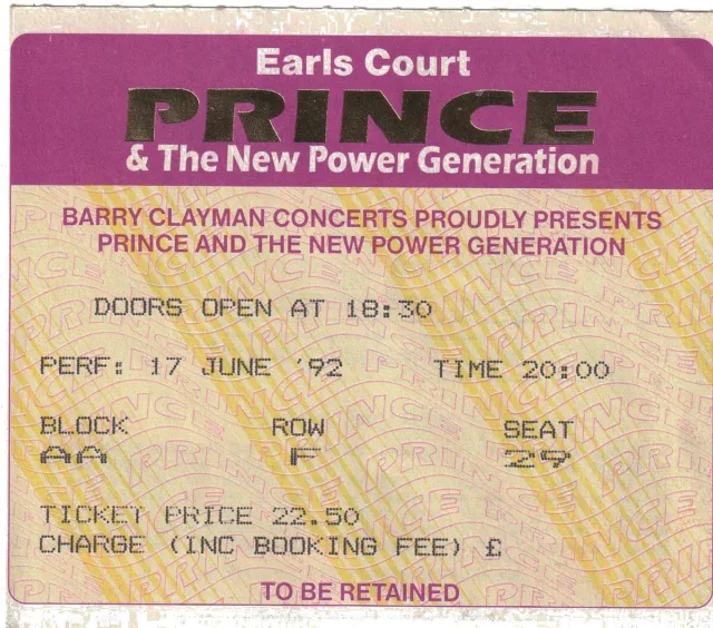 PRINCE TICKET 1992 Diamonds and Pearls Tour LONDON Earls Court nur 17. 1. Juni