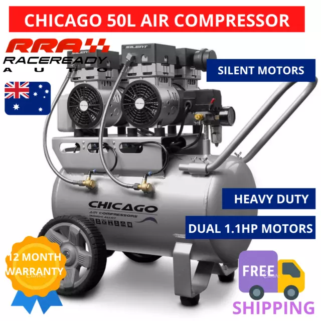 CHICAGO AIR COMPRESSOR 50L HUSH50-H with 6m Retractable Hose Twin