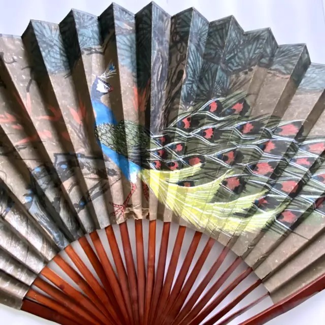 Large Hand Painted Peacock Fan Home Decor Preowned 36x21 Inches READ