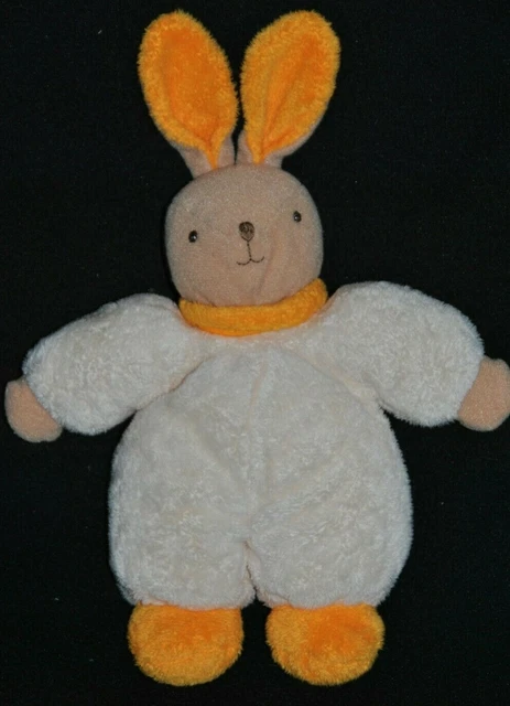 Peluche Doudou Lapin AJENA NOUNOURS Oreilles Echarpe Orange Hochet 27 Cm TTBE