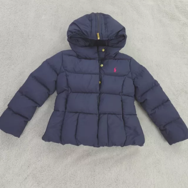 Ralph Lauren Puffer Jacket Girls Small 7 Navy Blue Down Hooded Coat