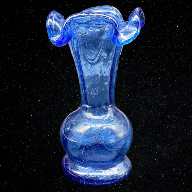 Vintage Hand Blown Art Glass Ruffled Top Bud Vase Cobalt Blue 4”T 2.25”W 3