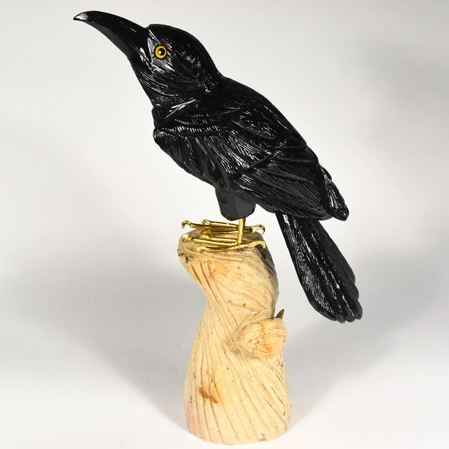 9" Black Onyx Raven on Caramel Onyx Base Collectible Crystal Bird Figurine Peru