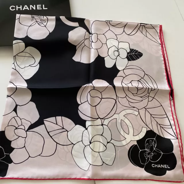 New Authentic Chanel Camellia Black Print Beige Multi-Colour Square Silk  Scarf