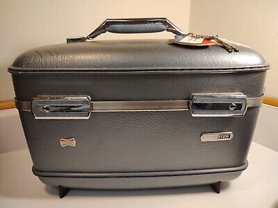 Vintage American Tourister Hardshell Train Makeup Cosmetic Case Blue