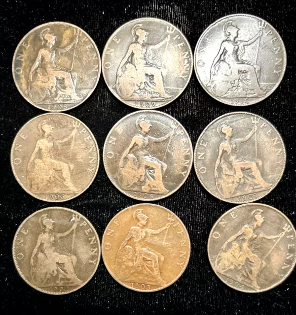 Great Britain complete set of Edward VII pennies (9 coins) 1902-10 KM 794 circ