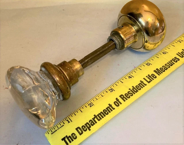 Vintage Salvage Clear Crystal 8 Point Glass & Brass  Door knob  Handle