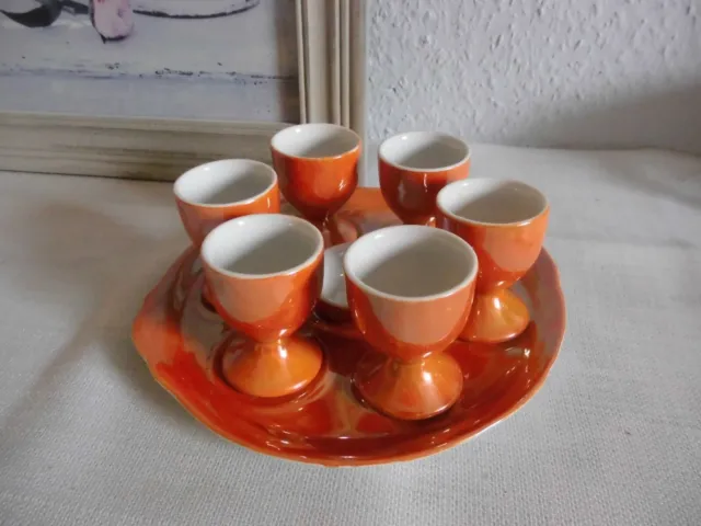 Antik Eierbecher Set orange lüstrierend 6 Eierbecher mit Salzgefäß und Tablett