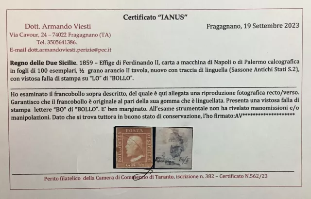 1859 Antichi Stati Italiani Sicilia 1/2 Grana Arancio Ii Tavola 2 Mh Lotto 504 3