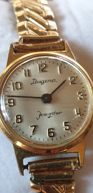 Montre Bracelet Mécanique Ancienne DUGENA Jongster Pour Femme - Cadran Doré, Bracelet Cuir - Occasion