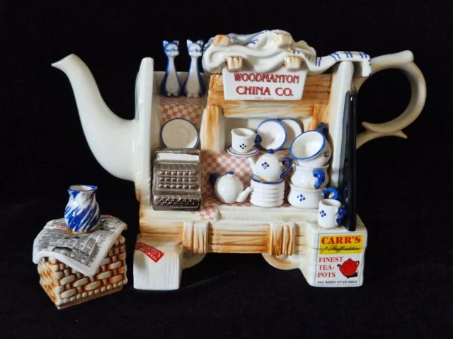 Vintage Paul Cardew Novelty Teapot & Sugar Bowl "Woodmanton China Co Shop"