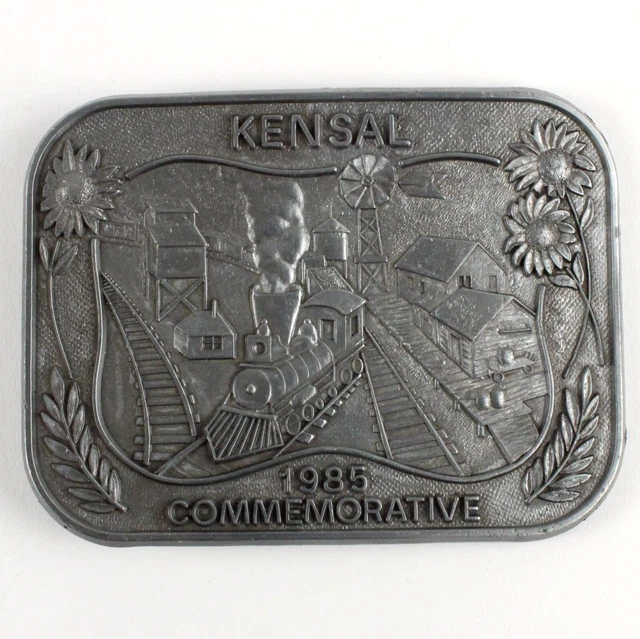 Vintage Belt Buckle North Dakota 1985 Kensal commemorative Railroad Sunflowers