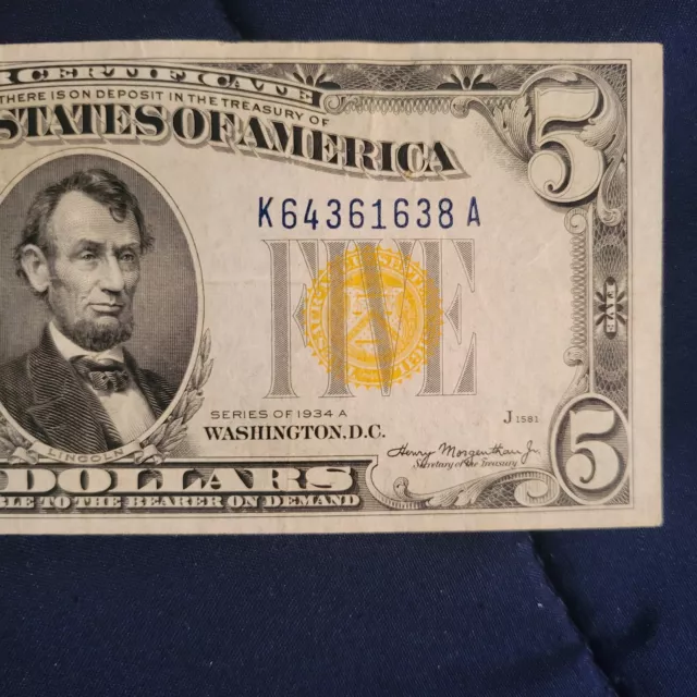 💎High grade 1935 A SERIES NORTH AFRICA $5 DOLLAR SILVER CERTIFICATE YELLOW SEAL