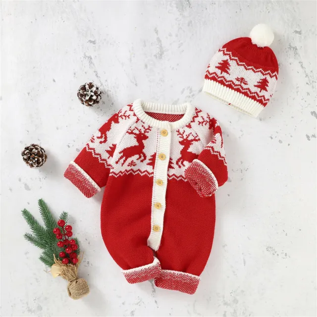 Baby Newborn Girls Boys Christmas Xmas Deer Knitted Sweater Romper Jumpsuit+ Hat