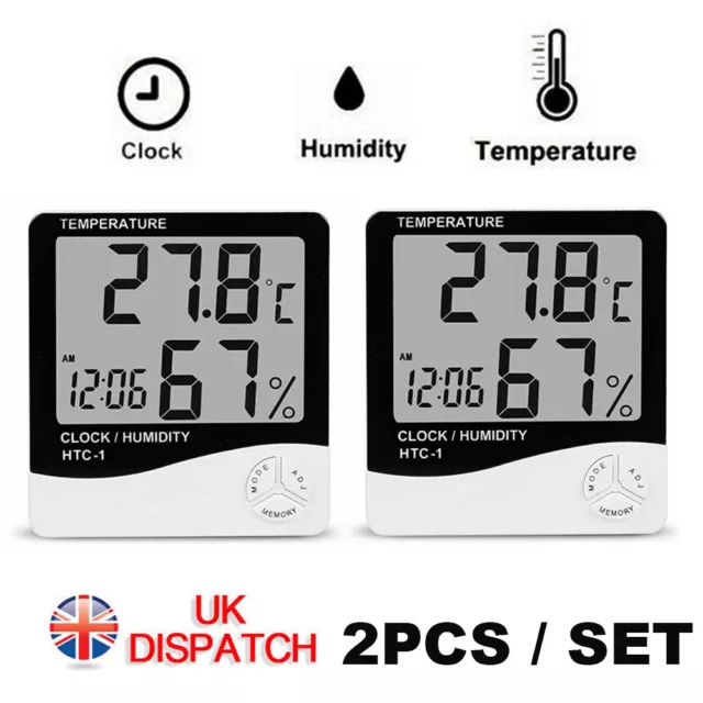 2 PACK LCD Digital Thermometer Hygrometer Room Temperature Humidity Meter  Clock