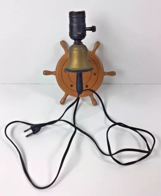 Vtg Wood Ships Wheel Wall Light Lamp Sconce Nautical Design Corded w/ Brass Bell