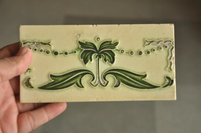 2 Pc Vintage Majolica Tree & Leaf Designs Art Nouveau Architecture Tiles,England 3