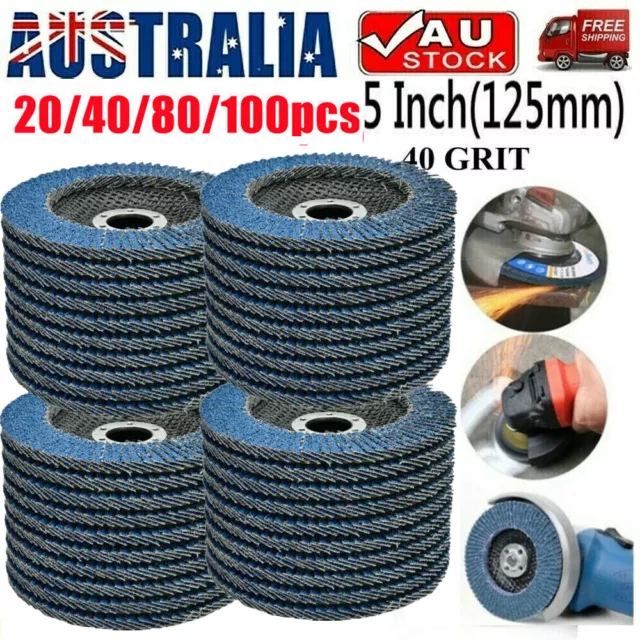 100pcs FLAP GRINDING SANDING DISCS 125mm 5" ANGLE GRINDER WHEEL 40 GRIT AU 20pcs