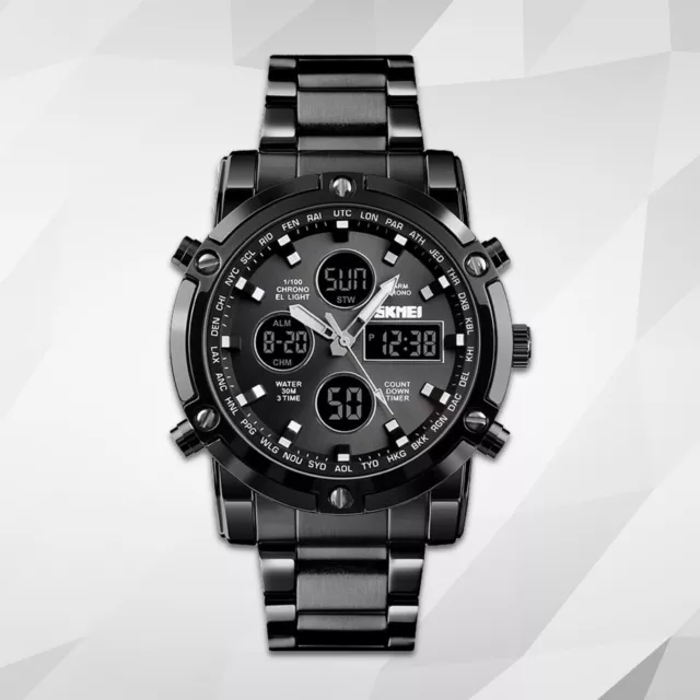 Herren Armbanduhr Edelstahl Schwarz Quarzuhr Digitaluhr Chronograph Uhr