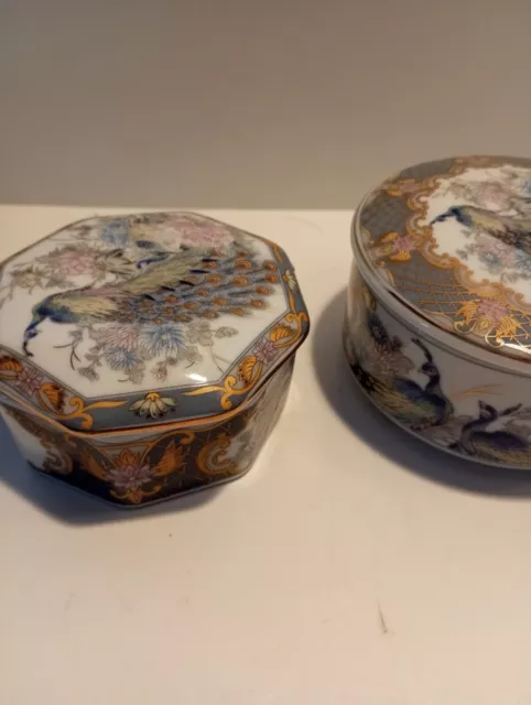 2 XOriental Style Grey Ceramic Trinket Box With Peacocks & Gilt Decoration 2