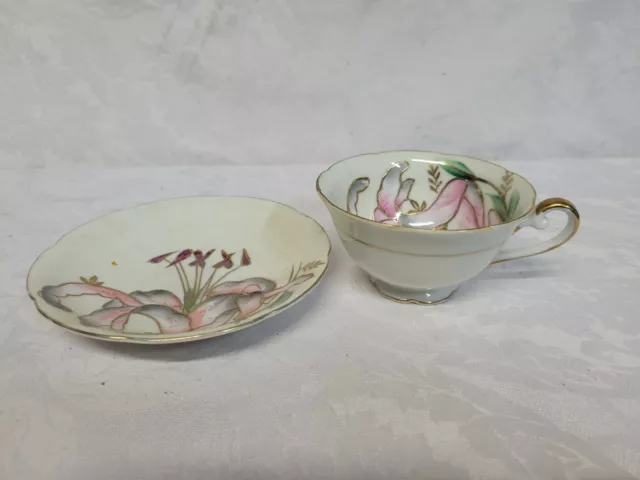 Vintage Ragrl Sealy China Japan Tea Cup Saucer Flower Gold Pink Gray 2