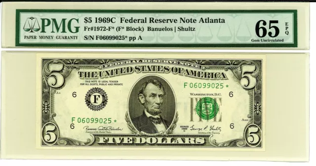 1969C $5 Federal Reserve Star Note - PMG 65 EPQ - GEM - Atlanta - 1972-F* - FRN