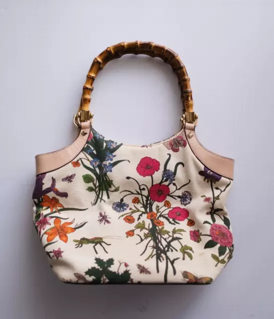 Vintage Gucci Floral Canvas Bamboo Halfmoon Hand Bag