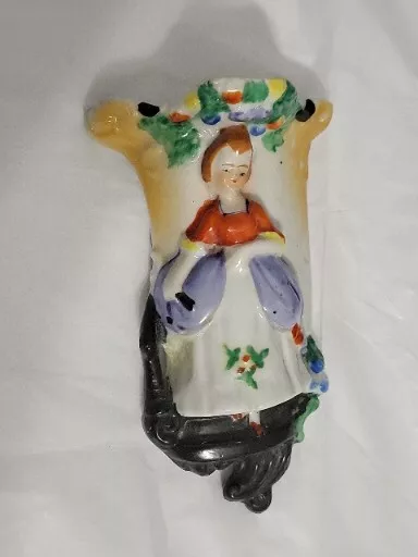 VTG Hand Painted Lady Wall Pocket Porcelain Hanging Wall Pocket Sconce Japan