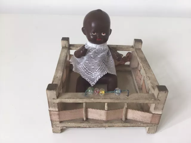 LOVELY OLD VINTAGE 1930s 40s GERMAN COMPOSITION BLACK DOLL IN WOODEN PLAYPEN