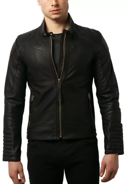 Black Leather Jacket Men Biker Moto Pure Lambskin Slim Fit Size XS S M L XL XXL