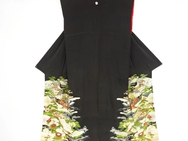 12030# JAPANESE KIMONO / ANTIQUE TOMESODE / EMBROIDERY / CARRIAGE WITH BRIDGE &a