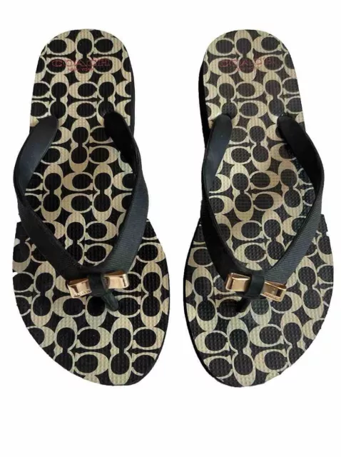 COACH SIGNATURE FLIP Flops with Gold Metal Bow Black and Beige Size 5-6 ...